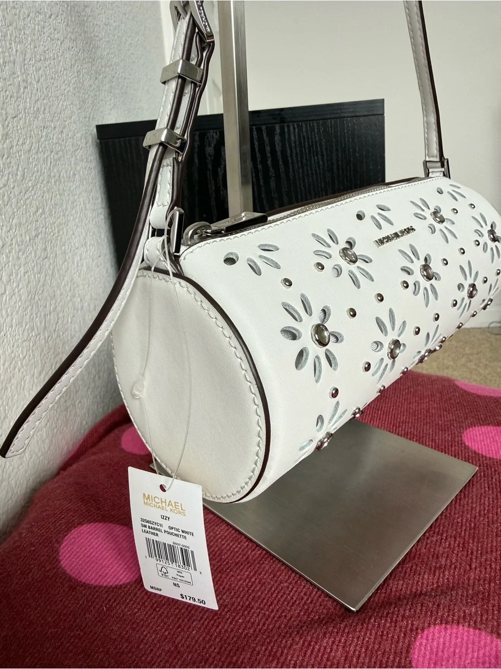 Michael Kors Izzy White Floral Cutout Leather Barrel Shoulder Bag NWT